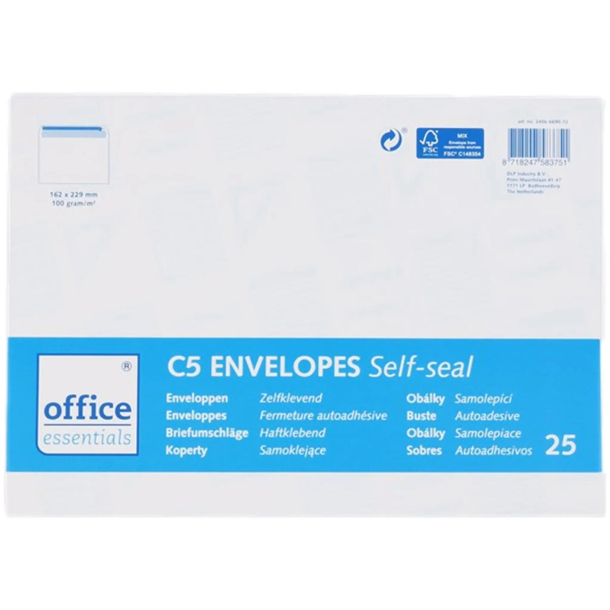 25 Envelopes - 11.4 x 22.9 cm - Office Essentials C5/6