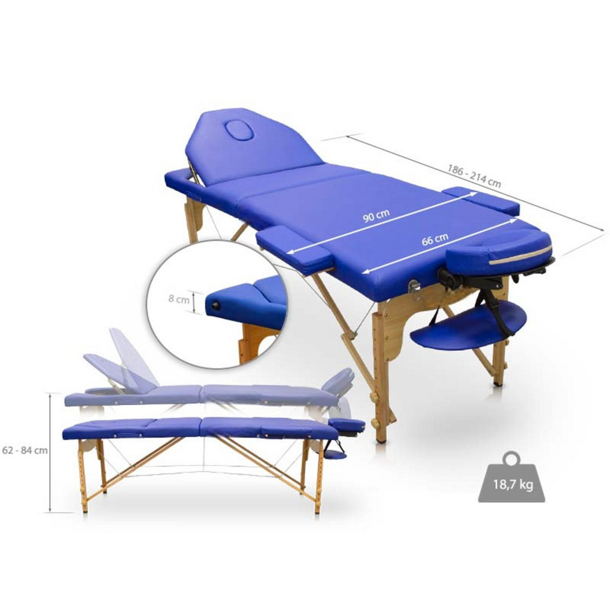 Folding wooden massage table 186 x 66 cm with reclining backrest - 6 colors