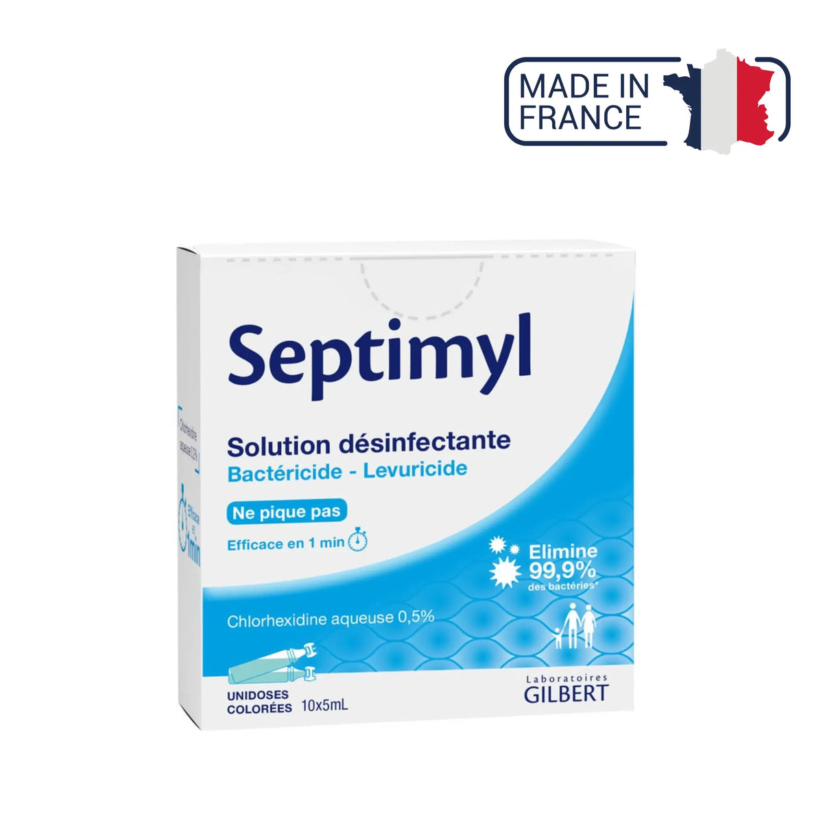 Aqueous chlorhexidine 0.5% - Disinfectant solution - Single dose 5 ml - Box of 10 - SEPTIMYL - Gilbert - My Podologie