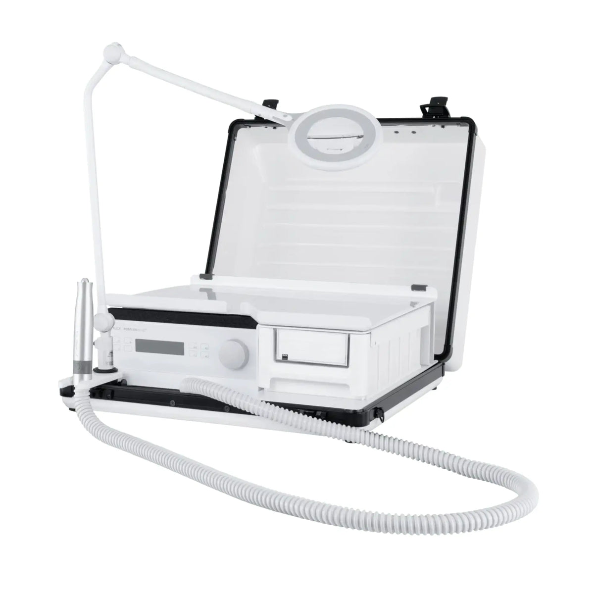 Pack - Estuche rígido + Micromotor Podolog Nova 3s + Lámpara de aumento + Silla plegable + Reposapiés Ruck Lámpara de aumento-Blanco