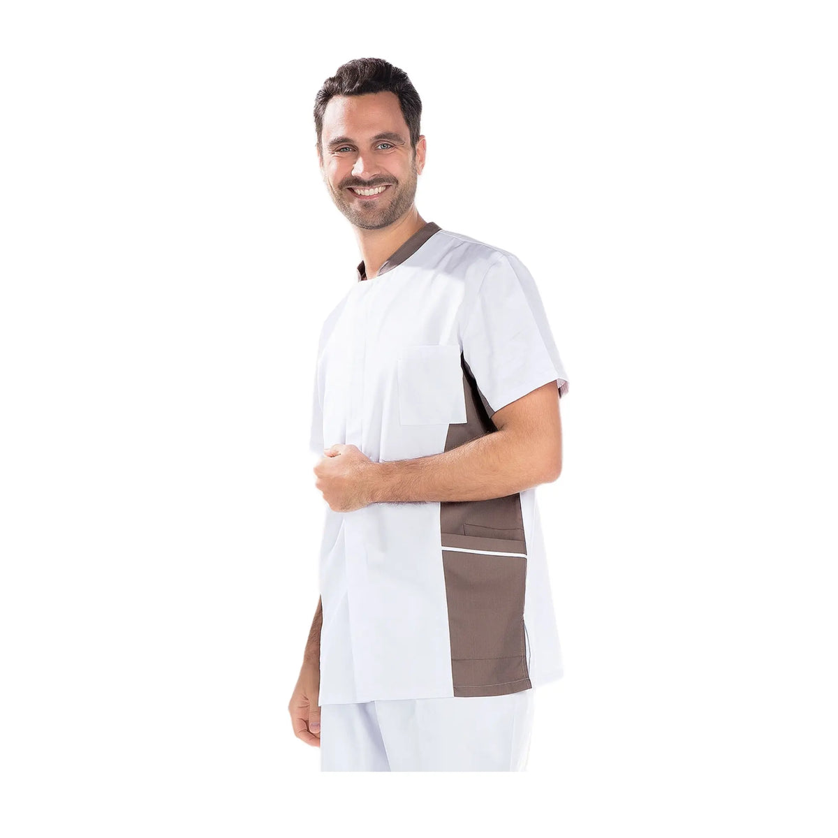 Timéo - Short Sleeve Tunic - Men - 78 cm My Blouse Twill-White-Taupe-T6-XXXL
