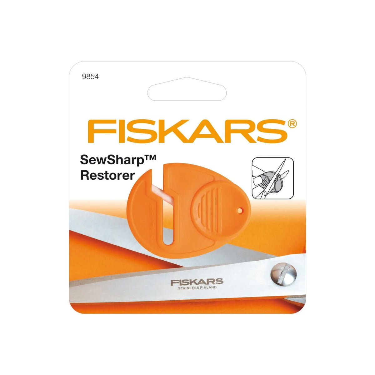 Sewsharp universal scissor trimmer with ceramic sharpening stone and orange plastic support - Fiskars